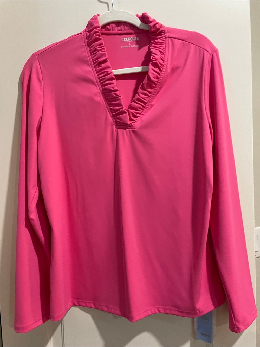 Acegolfs Hot Pink Ruffle V -Neck Long Sleeve Top